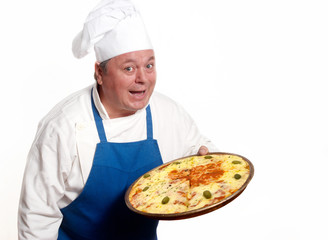 Portrait of happy attractive cook with pizza