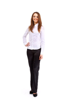 Positive business woman smiling over white background.