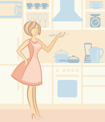 Woman cooks food on kitchen