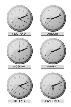 Clocks showing local times all over the world