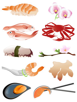 seafood and other traditional japanese food icons