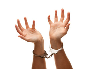 Handcuffed Woman Raising Hands in Air on White