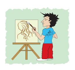 Artist painting on  an Easel