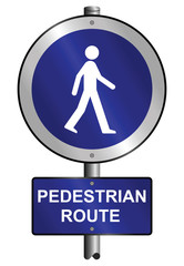 Pedestrian graphic and text information sign mounted on post