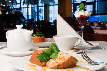 Closeup of a restaurant table with desserts