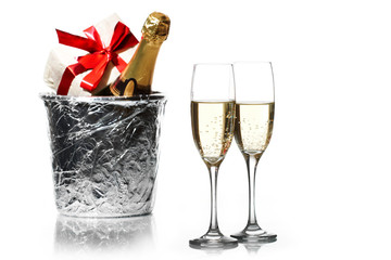 Champagne flutes and ice bucket