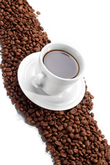 Cup with coffee, costing on coffee grain