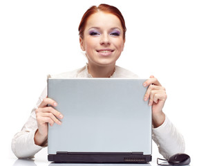 Fototapeta premium Portrait of happy business woman with a laptop.