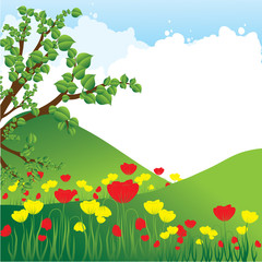 Nature Background with flowers and tree. Vector illustration
