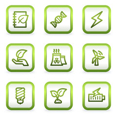 Eco web icons set 5, square buttons, green contour