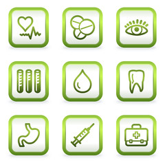 Medicine web icons set 1, square buttons, green contour