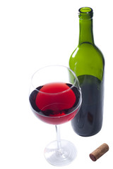 Red wine, glass, bottle and cork