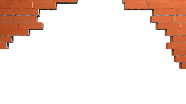 Crashing red brick wall revealing white background
