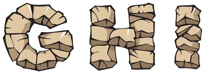 Stone alphabet: letters GHI, hand drawing font, vector