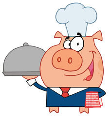 Happy waiter pig in a chefs hat