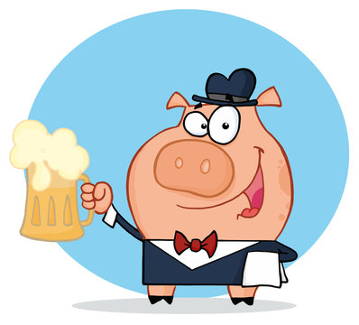 Happy  waiter pig with beer