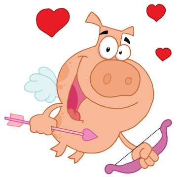 Cupid pig flying with hearts