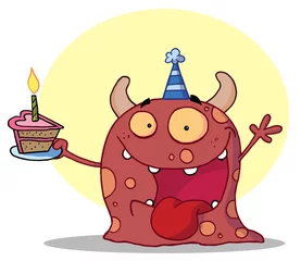 Deurstickers Happy Red Monster viert verjaardag met taart © HitToon.com