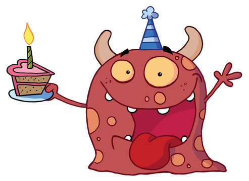 Happy Red Monster Celebrates Birthday With Cake