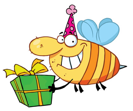 Happy bee carries gift