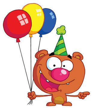 Bear in party hat with balloons