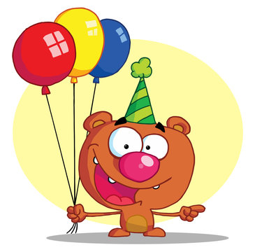 Happy bear in party hat with balloons