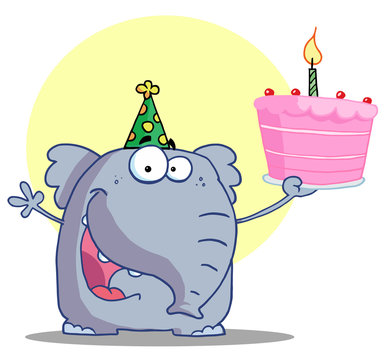 Happy elephant holds birthday cake