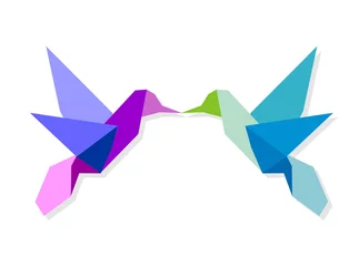 Papier Peint photo Lavable Animaux géométriques Couple de colibri origami coloré
