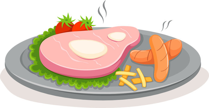 cartoon steak, sausages, fries on plate clip art preview