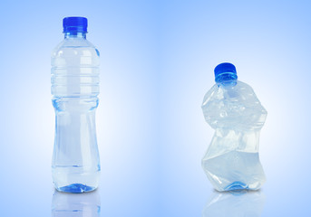 Two bottles - one fill with water, other empty and crushed
