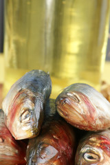 frische Sardinen auf einem Holzbrett