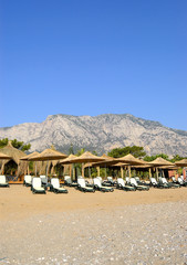 Beach at popular Mediterranean Turkish hotel, Antalya, Turkey