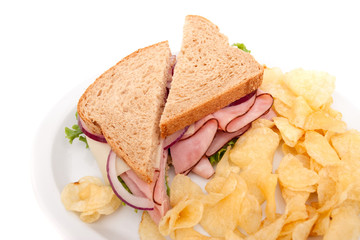 Ham sandwich platter with potato chips