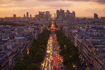 The Champs Elysees and La Defense at Sunset