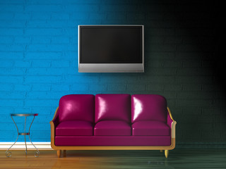 Purple couch, table LCD tv and standard lamp in  double colored