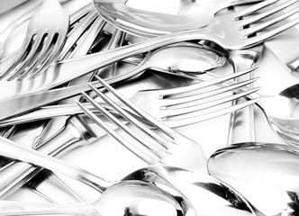 Shiny spoon, knife and fork