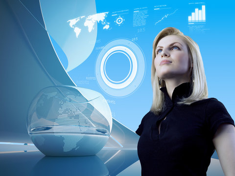 Attractive blonde with interface in future interior - Powered by Adobe