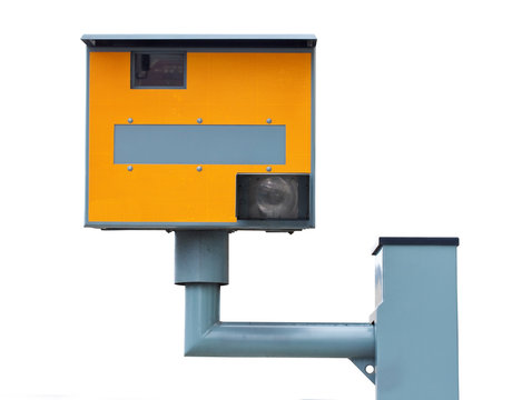Yellow traffic speed camera isolated on white