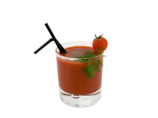 Tomato juice, cherry tomato and dill, close-up on a white