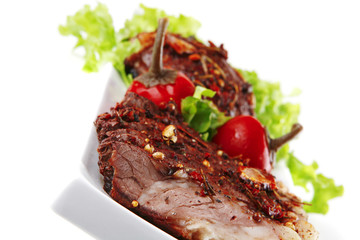 served beef steak on plate