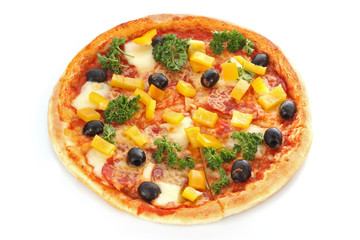 Tasty pizza with olives isolated on white