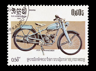 Kampuchean stamp featuring a vintage Wanderer motorcycle - 21257101