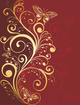 red floral background with golden butterflies
