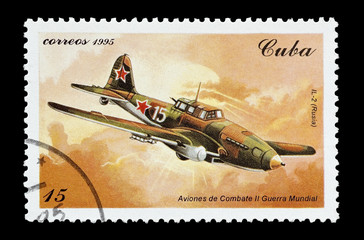 stamp printed in Cuba featuring a WW2 Ilyushin fighter aircraft