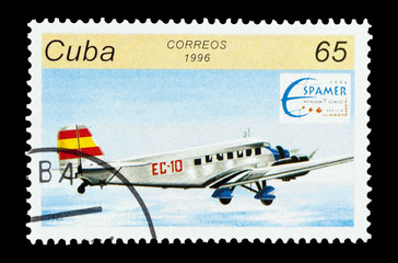 stamp printed in Cuba featuring a Junkers Ju 352 aircraft
