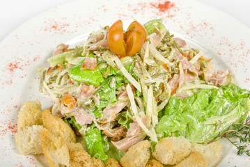 salad of meat, vegetable and dried crust