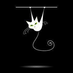 White cat with green eyes on black