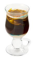 Coffee cocktail with Curacao, lemon and cinnamon