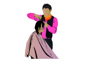 Vector illustration of  hairdresser and his client