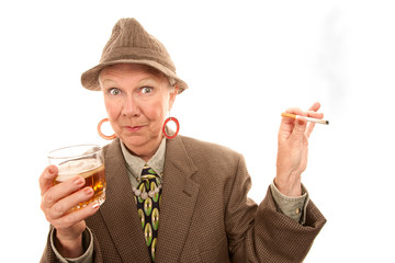 Senior woman in drag with cigarette and alcohol